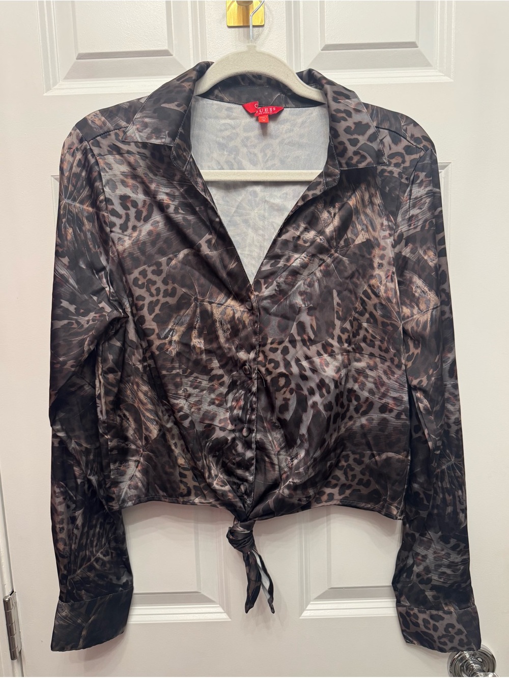 Guess Black Brown Leopard-Print Satin Button-Down Tie-Front Shirt